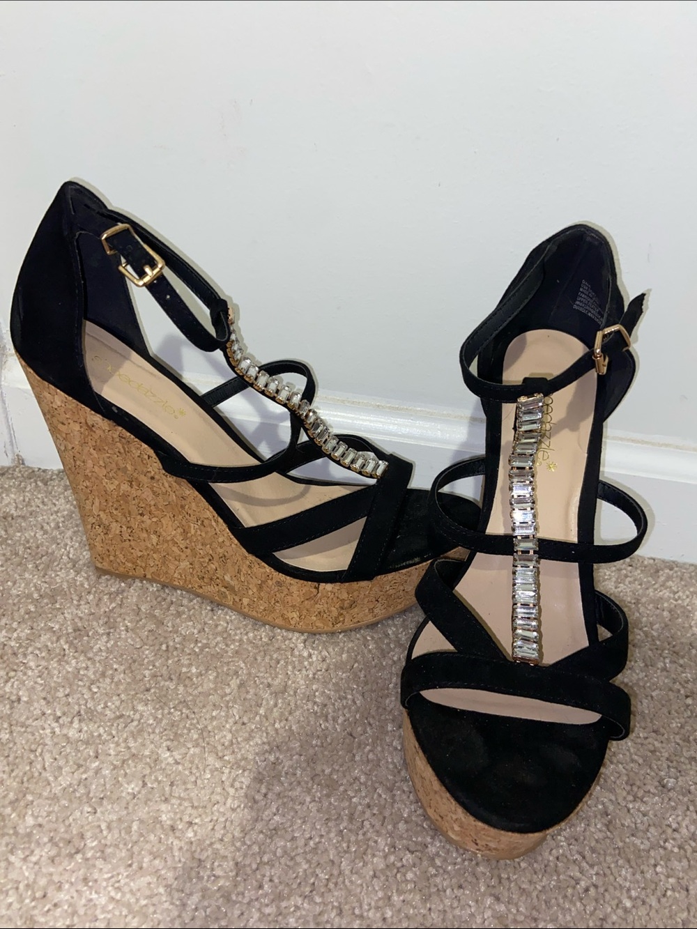 Shoe Dazzle Black T-Strap Cork Wedge Sandals with Crystal Embellishment